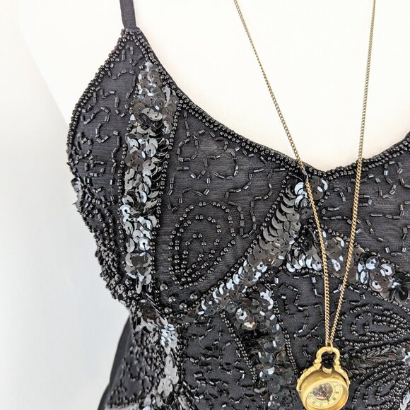Witchy 00s Y2K Black Multilayered Sheer Mesh Floral Sequined & Beaded Cami Top - Picture 5 of 5
